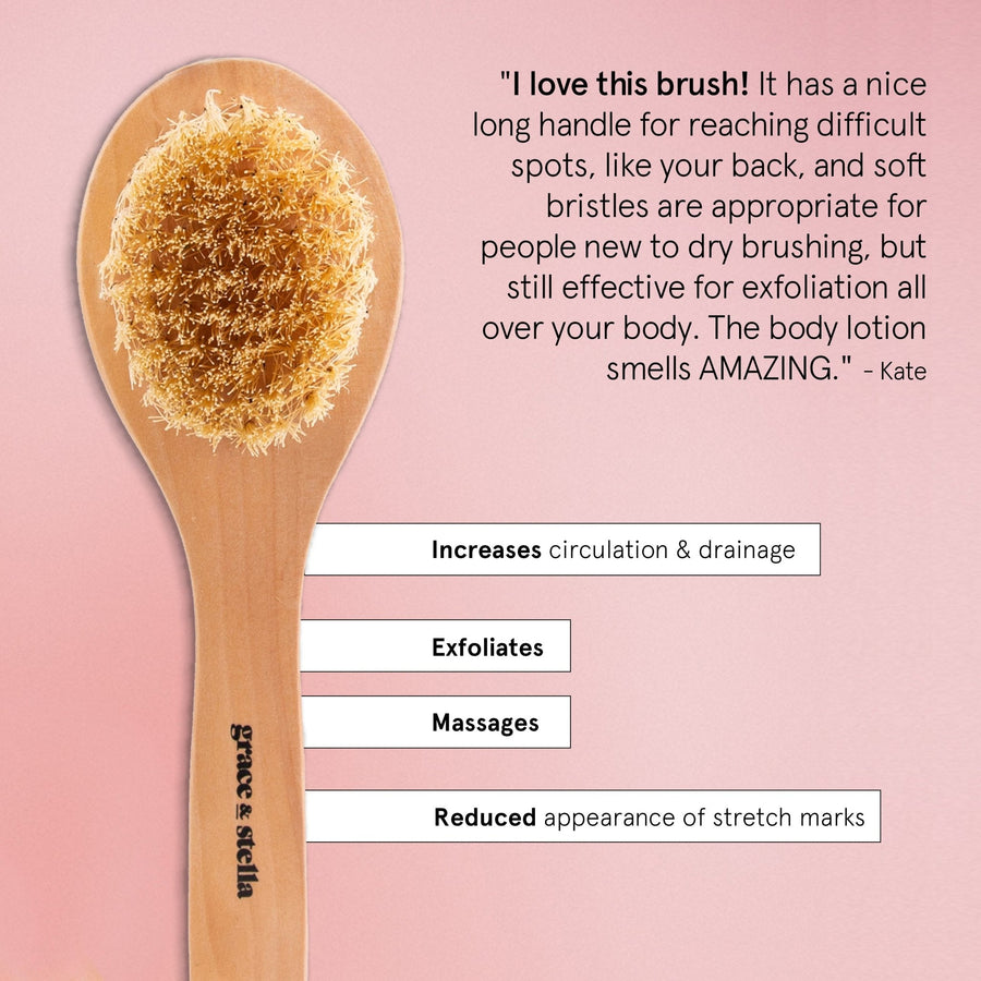 This grace & stella dry brush free gift is perfect for dry brushing, providing gentle exfoliation for your skin.