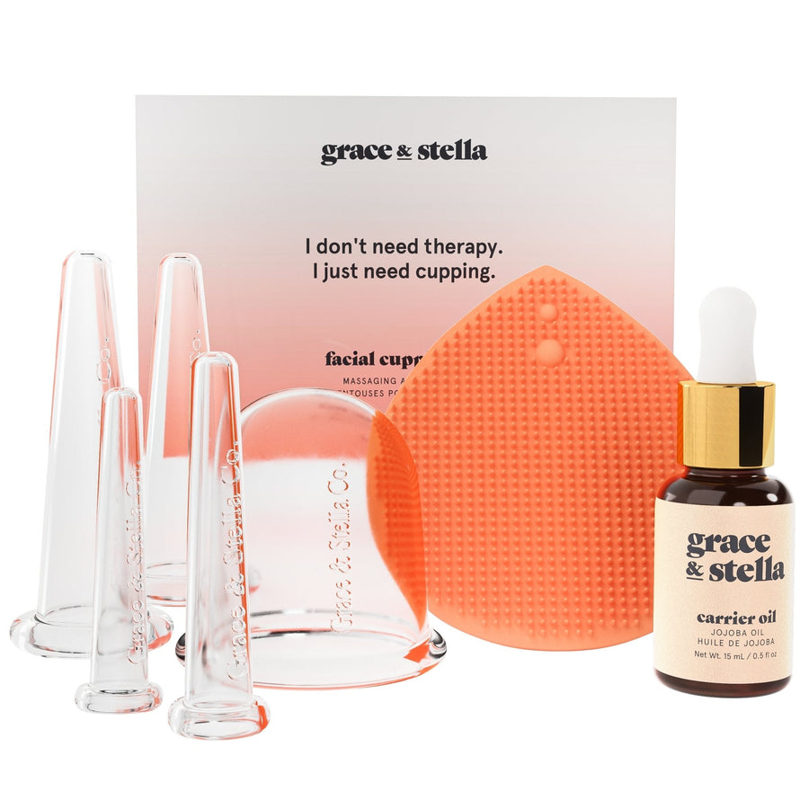 Grace & Stella Co.'s facial cupping massage set with jojoba oil helps reduce the appearance of wrinkles and fine lines with the use of cupping techniques.