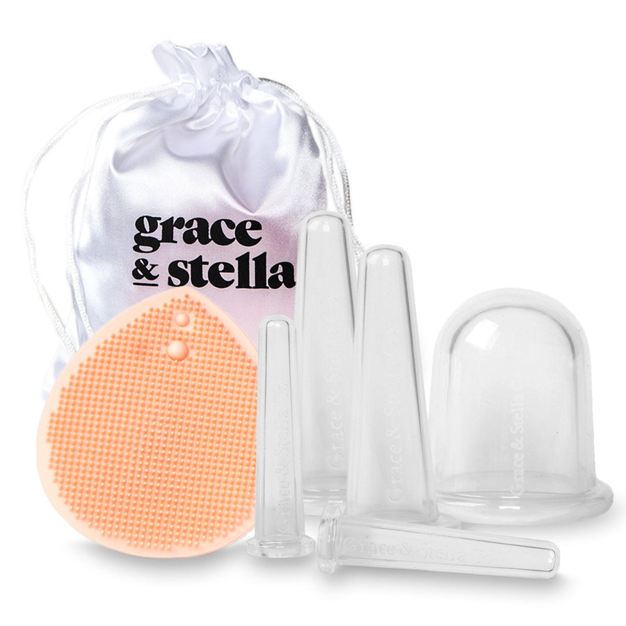 Grace & Stella's facial cupping massage set with jojoba oil helps to reduce the appearance of wrinkles and fine lines, while also providing cupping benefits for smoother skin.