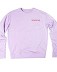 A grace & stella lilac crewneck sweater with a red logo on it, perfect for feeling good.