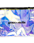 A secure, holographic zippered pouch with the brand grace & stella printed on it.