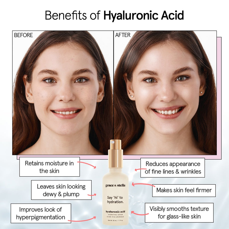 Discover the skin care benefits of grace & stella's hyaluronic acid serum, including superior hydration for your skin.