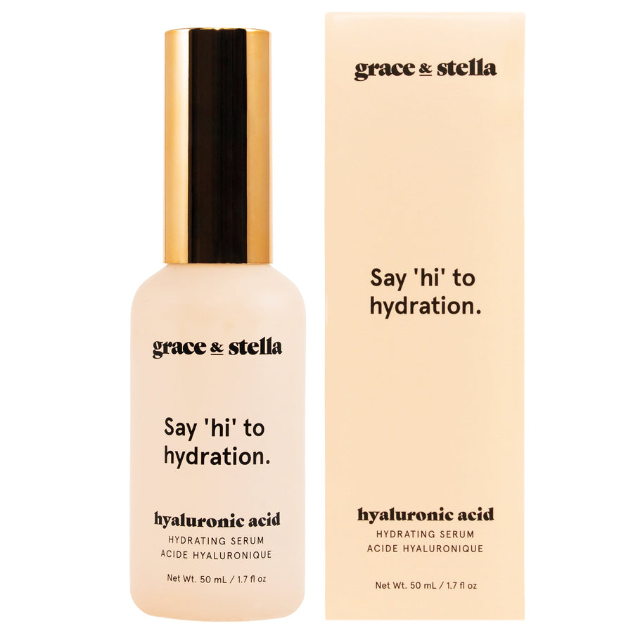 Bottle of Grace & Stella Hyaluronic Acid Serum aimed at enhancing skin firmness, next to its packaging.