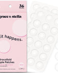 A pack of Grace & Stella Hydrocolloid Pimple Patches, featuring acne-fighting technology, with the slogan "zit happens.