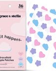 A package of grace & stella Hydrocolloid Pimple Patches with "zit happens" slogan, featuring heart-shaped patches in pink and blue colors and enhanced with acne-fighting technology.