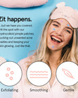 A smiling woman with a headband appears in an advertisement for Grace & Stella Hydrocolloid Pimple Patches, highlighting their acne-fighting technology, exfoliating, smoothing, and gentle properties.
