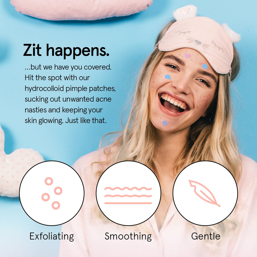A smiling woman with a headband appears in an advertisement for Grace & Stella Hydrocolloid Pimple Patches, highlighting their acne-fighting technology, exfoliating, smoothing, and gentle properties.