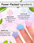 Promotional skincare graphic highlighting the benefits of grace & stella hydrocolloid pimple patches and tea tree oil as acne-fighting technology.