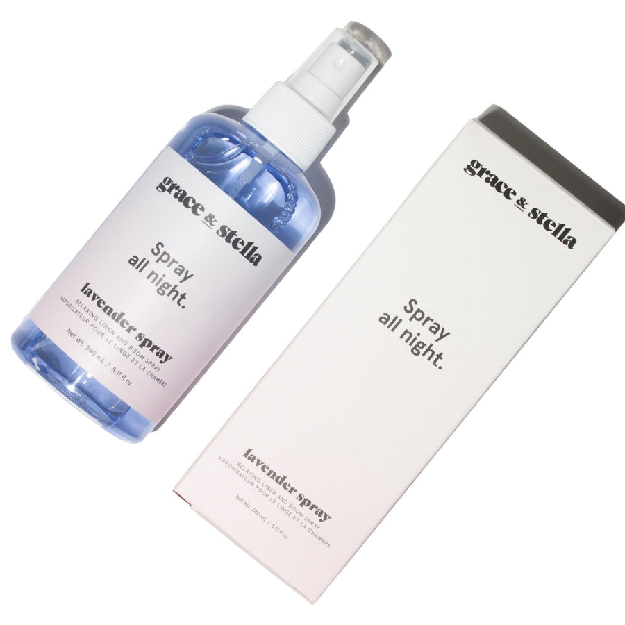 A bottle of soothing Grace & Stella Lavender Spray with a box next to it creates a calming atmosphere.