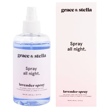 A bottle of grace & stella Lavender Linen and Room Spray with its packaging, advertised as a relaxing aromatherapy linen and room spray.