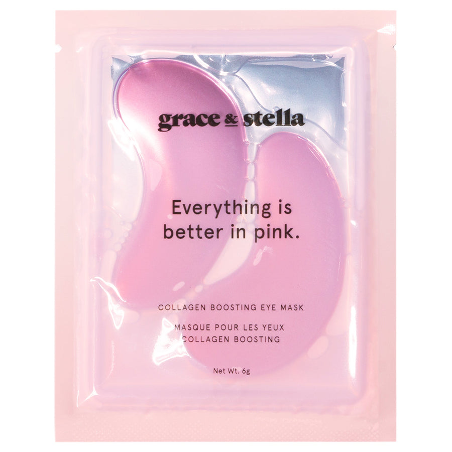 A packaged collagen-boosting, firming pink eye mask with the phrase "everything is better in pink" by grace & stella.
