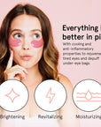 Woman using grace & stella pink under-eye masks for skincare, with icons highlighting the benefits: brightening, revitalizing, moisturizing, and firming.