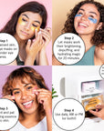 A collage of images showing a step-by-step application of Grace & Stella pink under-eye masks for skincare, with a final step of storing the product in a refrigerator for cooling.