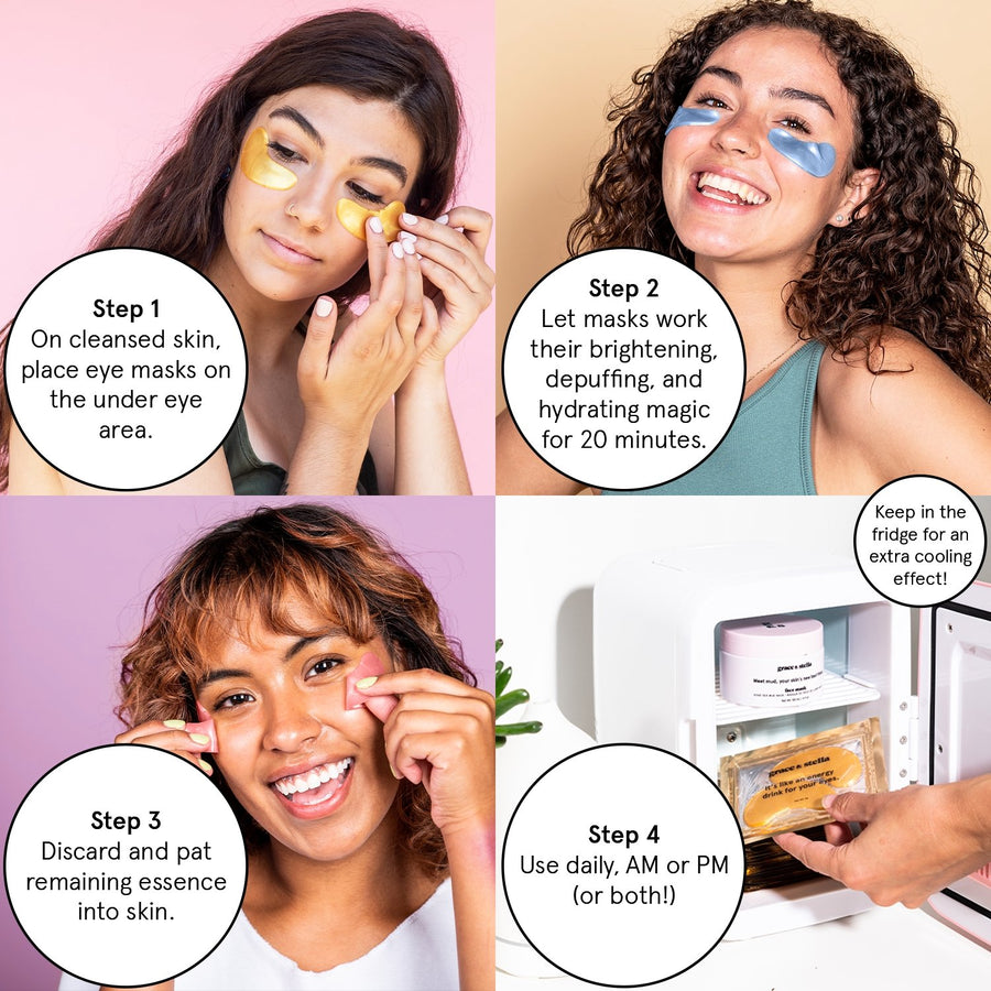 A collage of images showing a step-by-step application of Grace & Stella pink under-eye masks for skincare, with a final step of storing the product in a refrigerator for cooling.