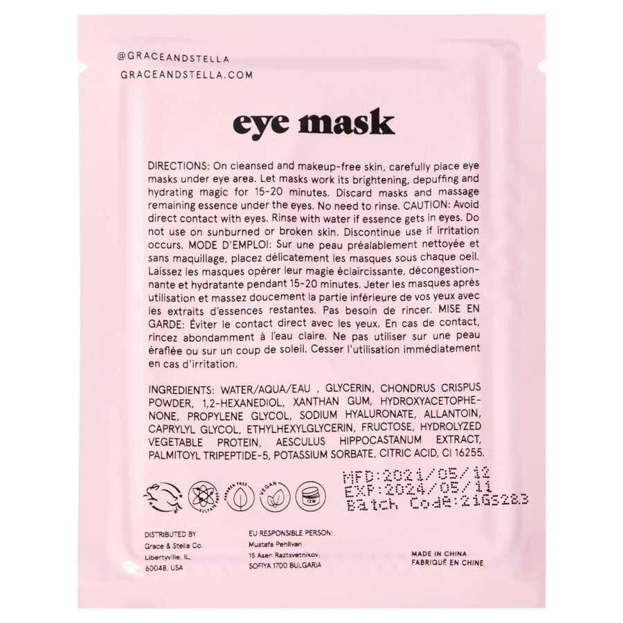 Label of grace & stella's pink eye masks detailing usage instructions, ingredients, and company information in an elegant pink design.