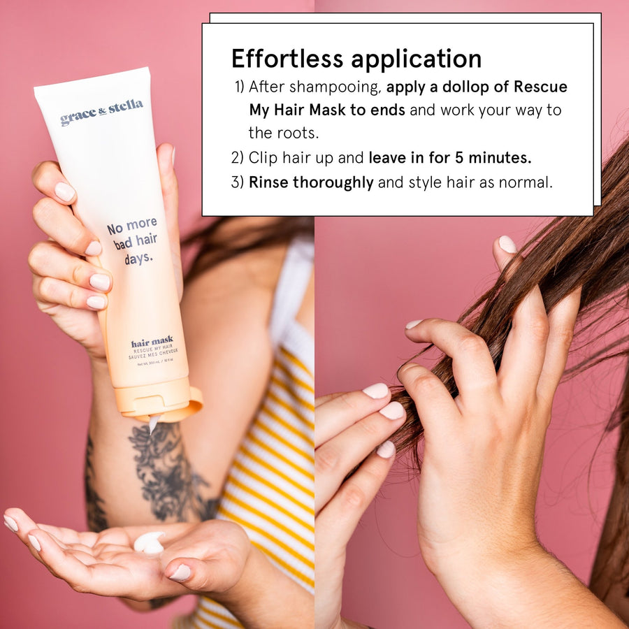 A person holding a tube of "grace & stella" rescue my hair mask with nourishing ingredients and application instructions on the right side of the image.