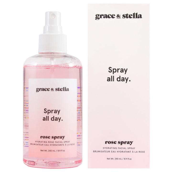 A bottle of grace & stella rose spray next to its packaging, labeled as an anti-inflammatory hydrating facial spray.