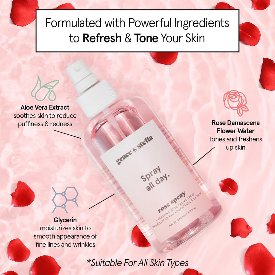 Bottle of facial toner with aloe vera and anti-inflammatory grace & stella rose spray ingredients, positioned against a pink, heart-patterned background, advertised as suitable for all skin types.