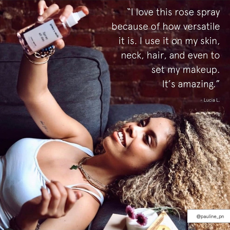 Woman lying down showcasing a Grace & Stella anti-inflammatory rose spray with a testimonial quote overlay.